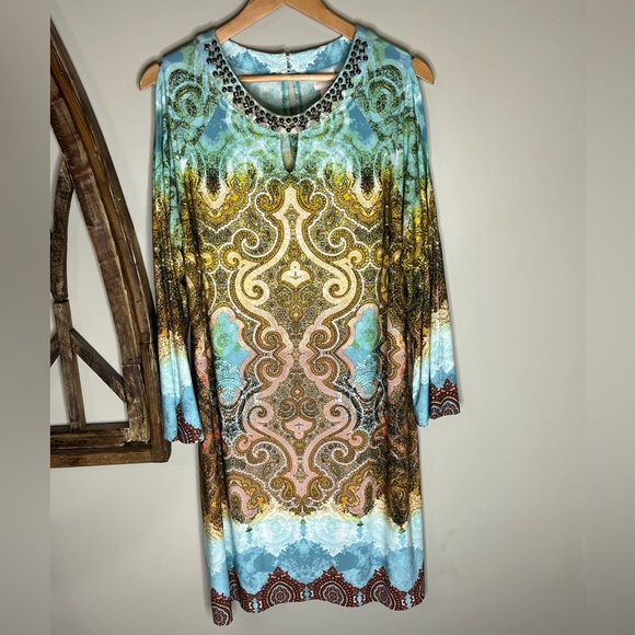 Chico's Paisley Print Cold Shoulder Studded Embellished Shift Dress Size 3 - Picture 1 of 6